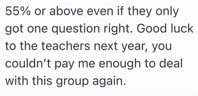 55% or above even if they only got one question right. Good luck to the teachers next year, you couldn't pay me enough to deal with this group again.
