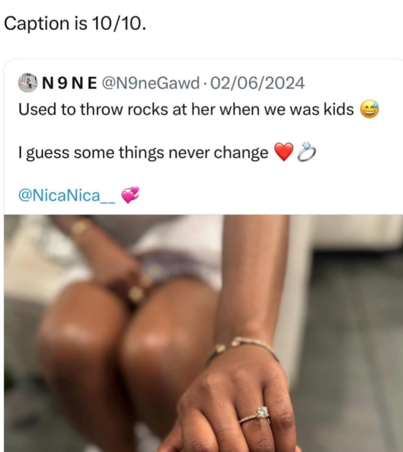 Caption is 10/10. N9NE@N9neGawd 02/06/2024 Used to throw rocks at her when we was kids I guess some things never change @NicaNica__