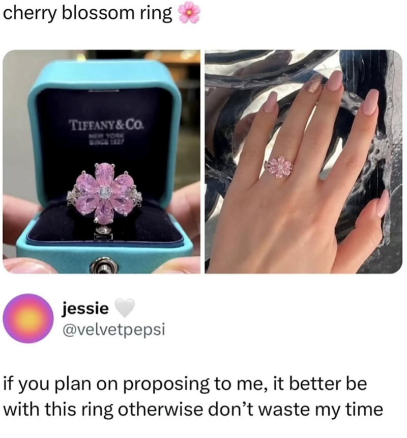cherry blossom ring TIFFANY & CO. NEW YORK SINCE 1837 jessie @velvetpepsi if you plan on proposing to me, it better be with this ring otherwise don't waste my time
