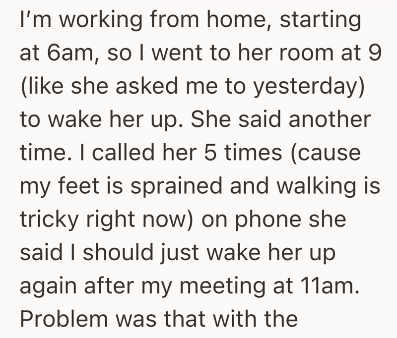 I'm working from home, starting at 6am, so I went to her room at 9 (like she asked me to yesterday) to wake her up. She said another time. I called her 5 times (cause my feet is sprained and walking is tricky right now) on phone she said I should just wake her up again after my meeting at 11am. Problem was that with the