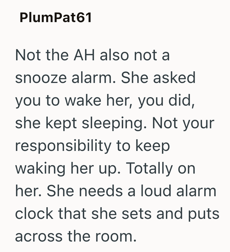 PlumPat61 Not the AH also not a snooze alarm. She asked you to wake her, you did, she kept sleeping. Not your responsibility to keep waking her up. Totally on her. She needs a loud alarm clock that she sets and puts across the room.