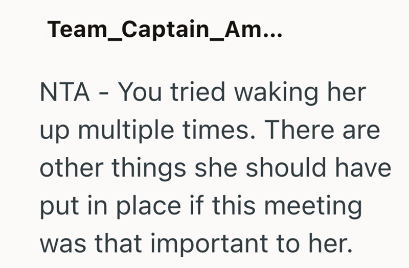 Team_Captain_Am... NTA - You tried waking her up multiple times. There are other things she should have put in place if this meeting was that important to her.