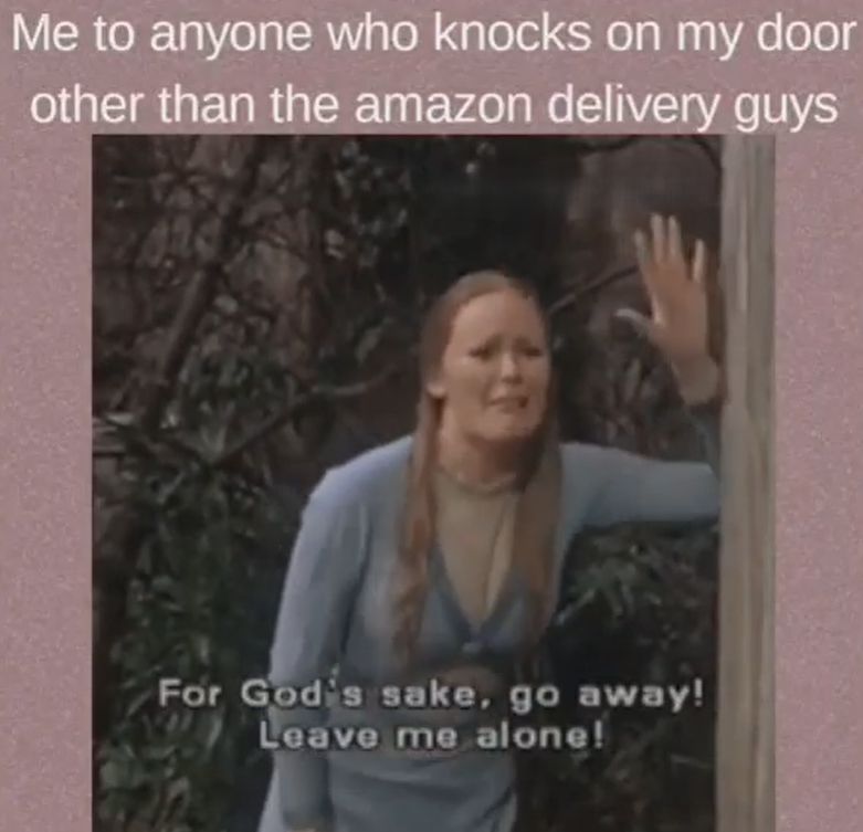 Me to anyone who knocks on my door other than the amazon delivery guys For God's sake, go away! Leave me alone!