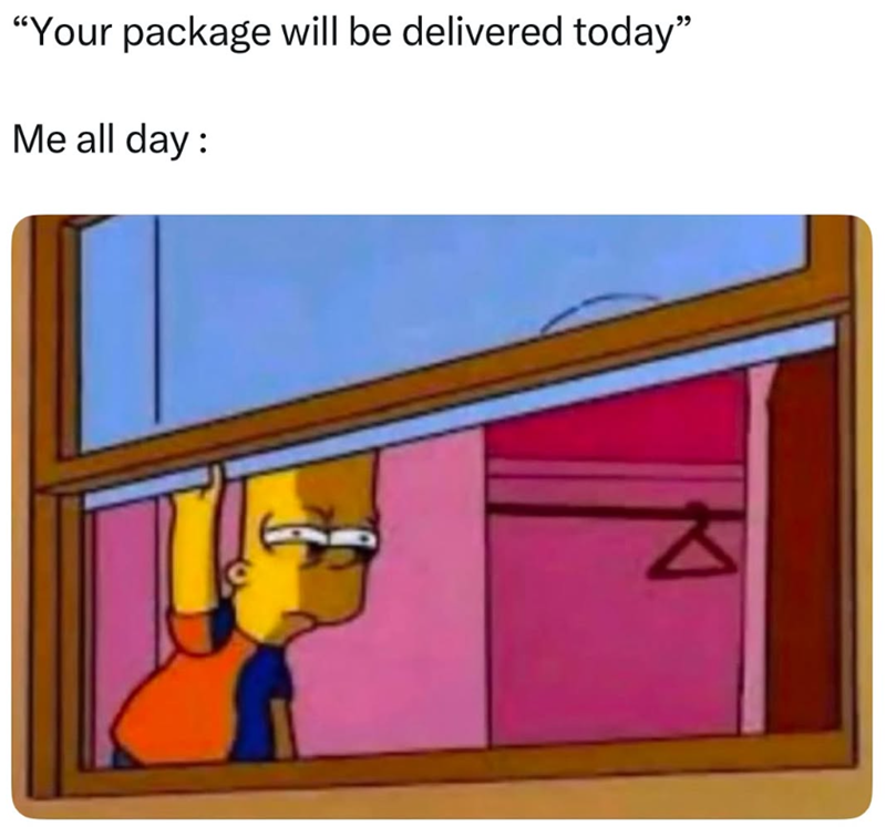"Your package will be delivered today" Me all day: