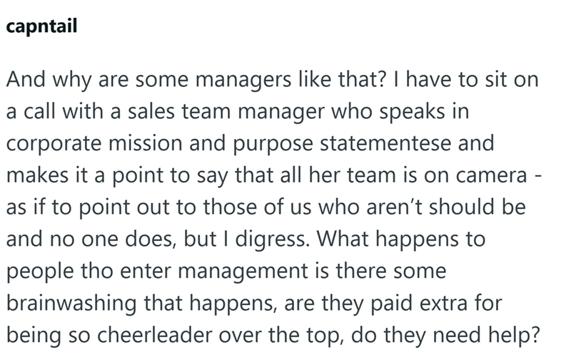 capntail And why are some managers like that? I have to sit on a call with a sales team manager who speaks in corporate mission and purpose statementese and makes it a point to say that all her team is on camera - as if to point out to those of us who aren't should be and no one does, but I digress. What happens to people tho enter management is there some brainwashing that happens, are they paid extra for being so cheerleader over the top, do they need help?