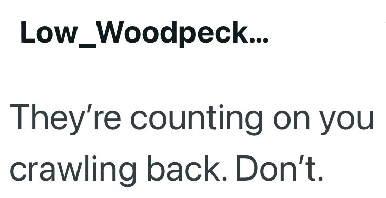 Low_Woodpeck... They're counting on you crawling back. Don't.
