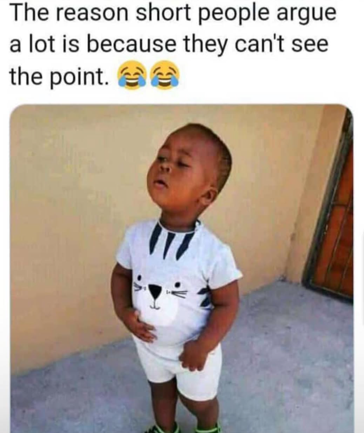 The reason short people argue a lot is because they can't see the point.