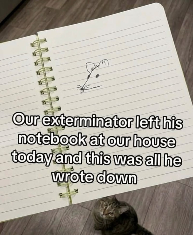 Our exterminator left his notebook at our house today and this was all he wrote down