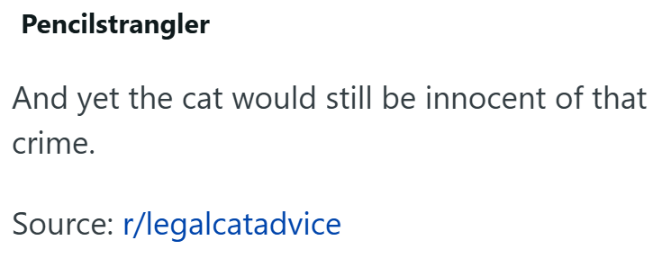 Pencilstrangler And yet the cat would still be innocent of that crime. Source: r/legalcatadvice