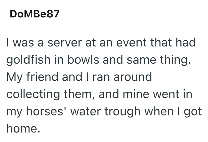 DoMBe87 I was a server at an event that had goldfish in bowls and same thing. My friend and I ran around collecting them, and mine went in my horses' water trough when I got home.