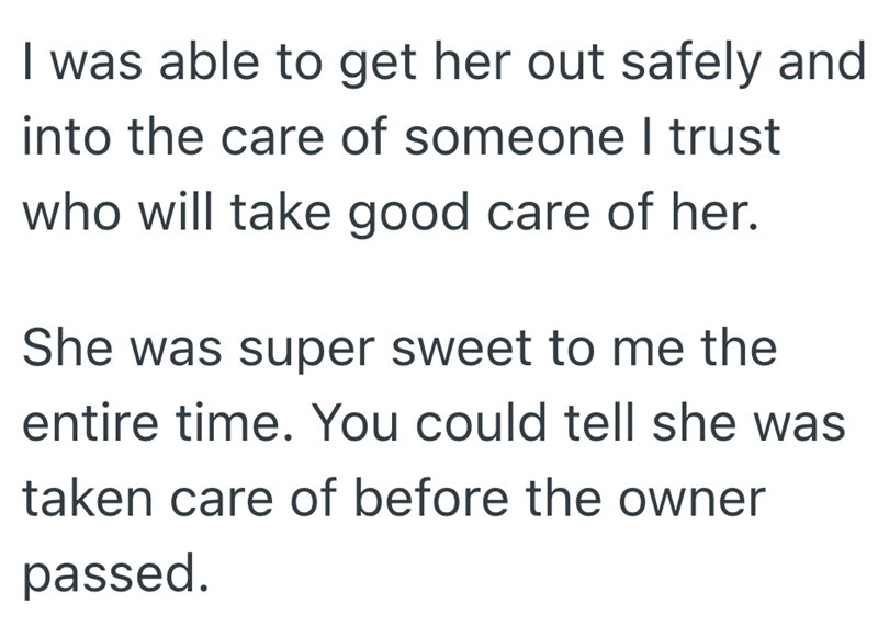 I was able to get her out safely and into the care of someone I trust who will take good care of her. She was super sweet to me the entire time. You could tell she was taken care of before the owner passed.