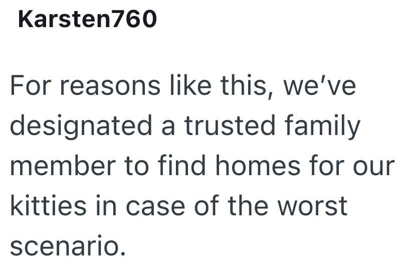 Karsten760 For reasons like this, we've designated a trusted family member to find homes for our kitties in case of the worst scenario.