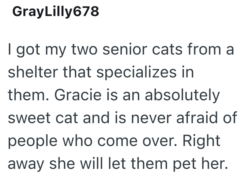 GrayLilly678 I got my two senior cats from a shelter that specializes in them. Gracie is an absolutely sweet cat and is never afraid of people who come over. Right away she will let them pet her.