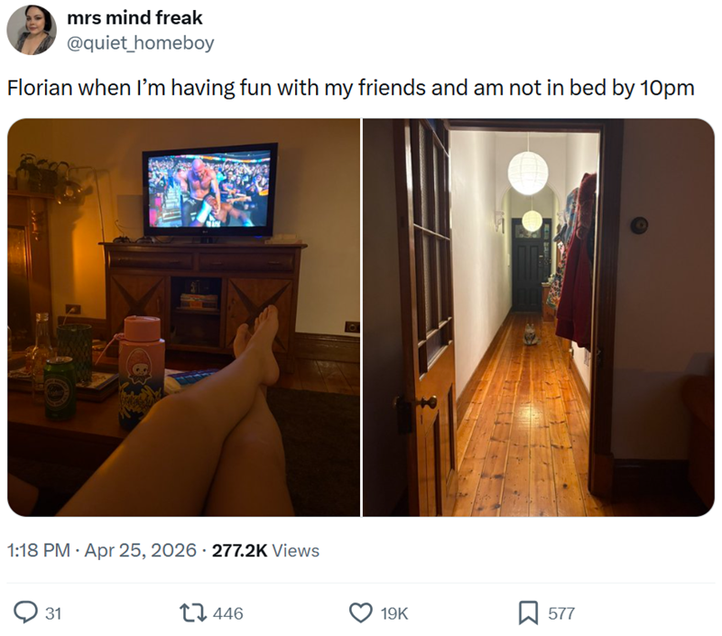 mrs mind freak @quiet_homeboy Florian when I'm having fun with my friends and am not in bed by 10pm 1:18 PM - Apr 25, 2026 277.2K Views 31 446 19K ☐ 577