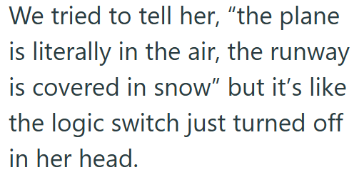 We tried to tell her, "the plane is literally in the air, the runway is covered in snow" but it's like the logic switch just turned off in her head.