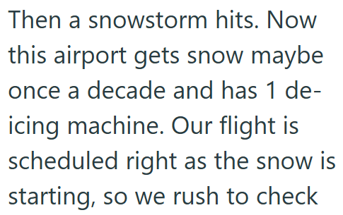 Then a snowstorm hits. Now this airport gets snow maybe once a decade and has 1 de- icing machine. Our flight is scheduled right as the snow is starting, so we rush to check