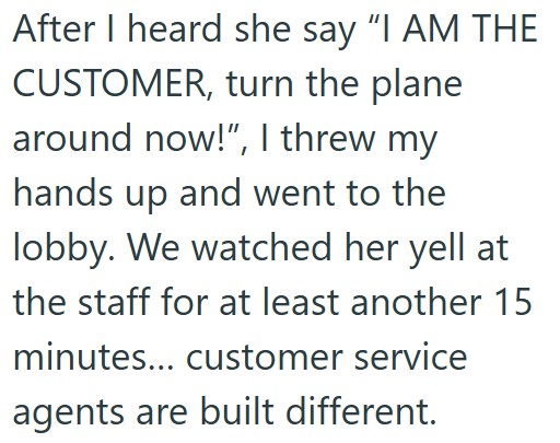 After I heard she say "I AM THE CUSTOMER, turn the plane around now!", I threw my hands up and went to the lobby. We watched her yell at the staff for at least another 15 minutes... customer service agents are built different.