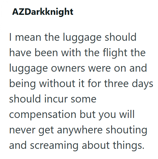 AZDarkknight I mean the luggage should have been with the flight the luggage owners were on and being without it for three days should incur some compensation but you will never get anywhere shouting and screaming about things.