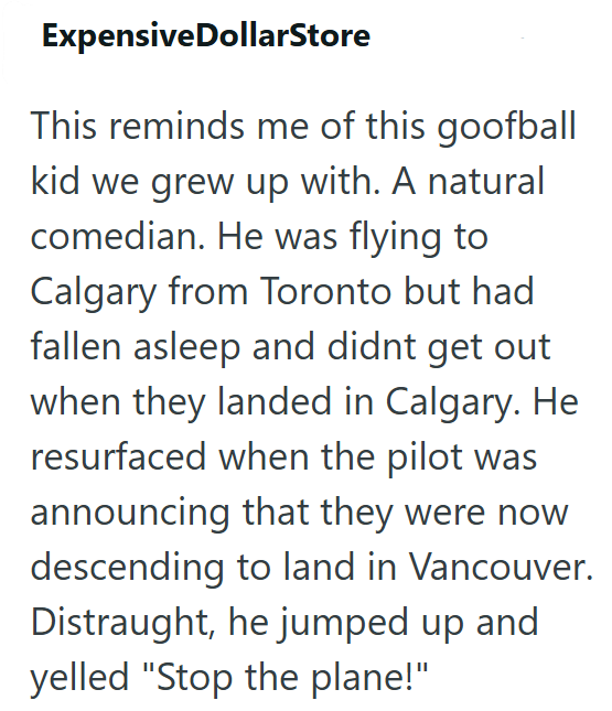 Expensive DollarStore This reminds me of this goofball kid we grew up with. A natural comedian. He was flying to Calgary from Toronto but had fallen asleep and didnt get out when they landed in Calgary. He resurfaced when the pilot was announcing that they were now descending to land in Vancouver. Distraught, he jumped up and yelled "Stop the plane!"
