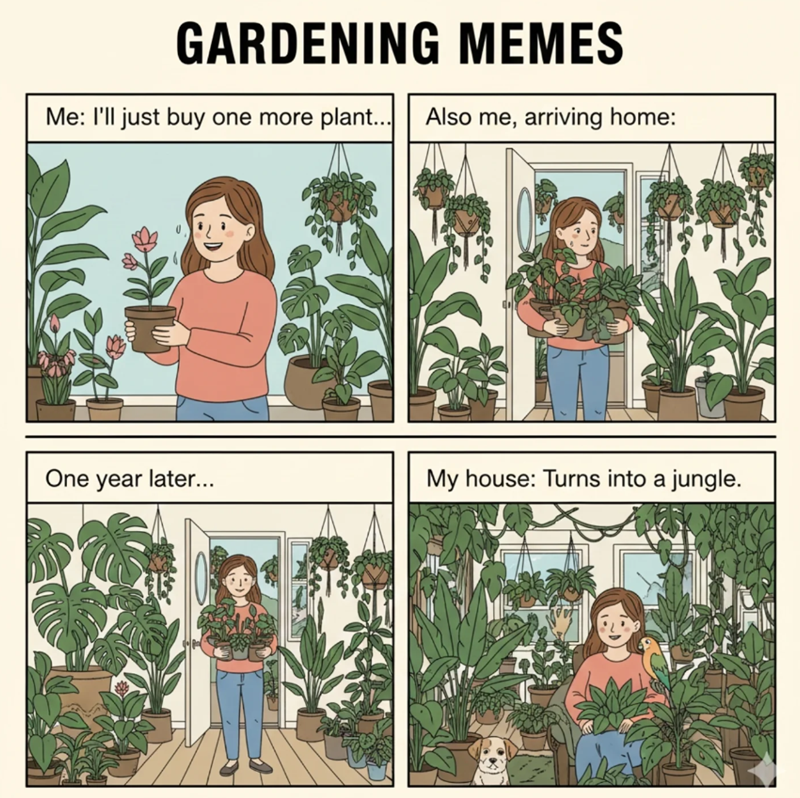 GARDENING MEMES Me: I'll just buy one more plant... Also me, arriving home: One year later... My house: Turns into a jungle. 秋