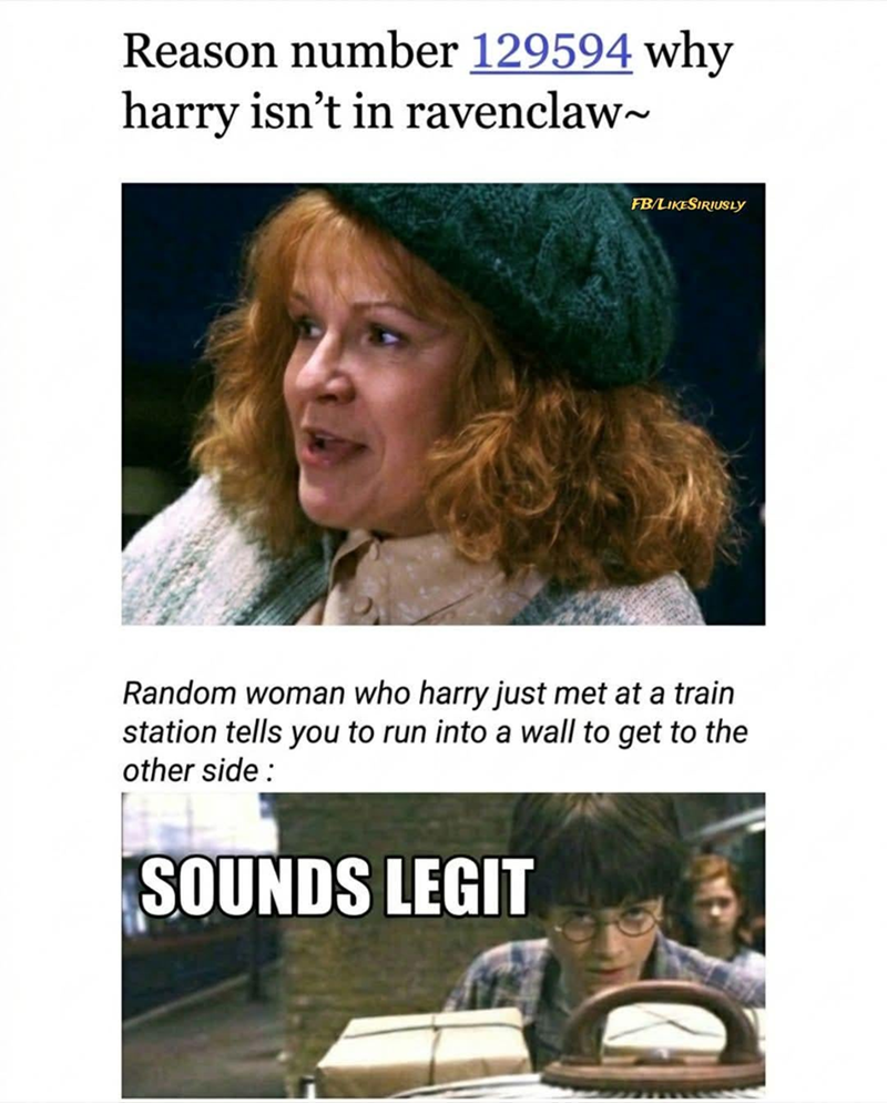 Reason number 129594 why harry isn't in ravenclaw~ FB/LIKESIRIUSLY Random woman who harry just met at a train station tells you to run into a wall to get to the other side: SOUNDS LEGIT