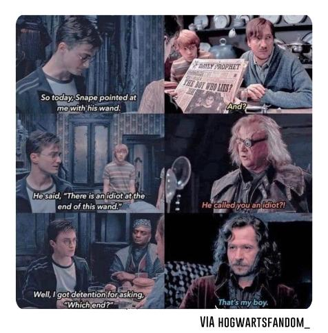 So today, Snape pointed at me with his wand. He said, "There is an idiot at the end of this wand." DAILY PROPHET THE BOY WHO LIES? And? He called you an idiot?! Well, I got detention for asking "Which end?" That's my boy. VIA HOGWARTSFANDOM_