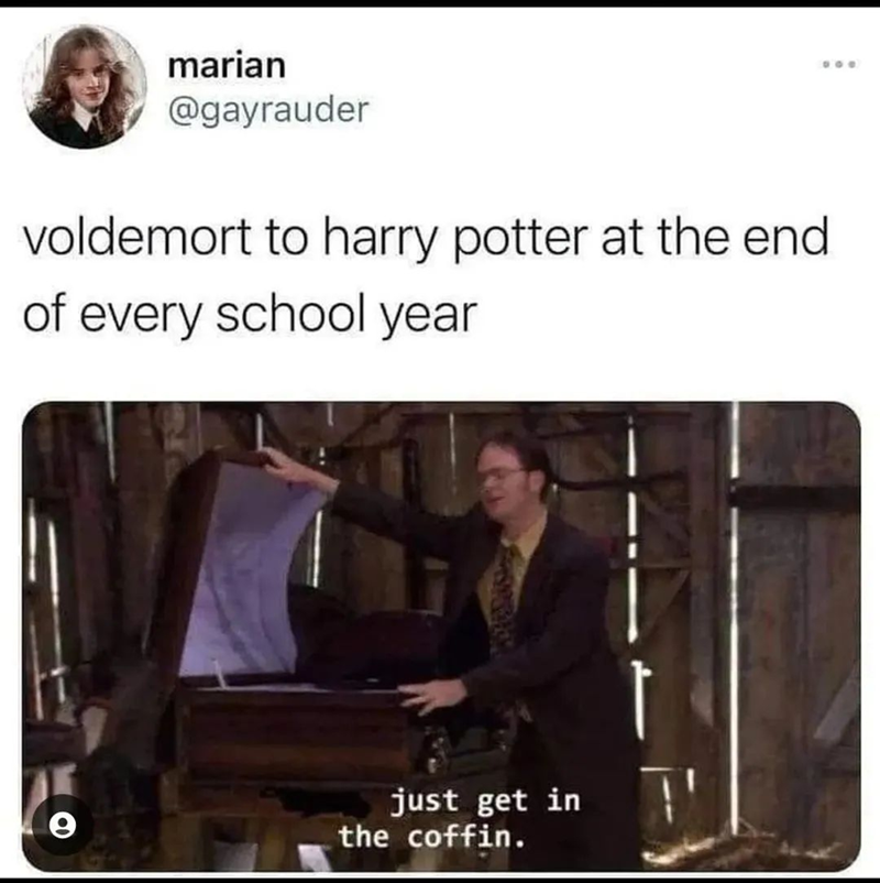 marian @gayrauder voldemort to harry potter at the end of every school year just get in the coffin. 500
