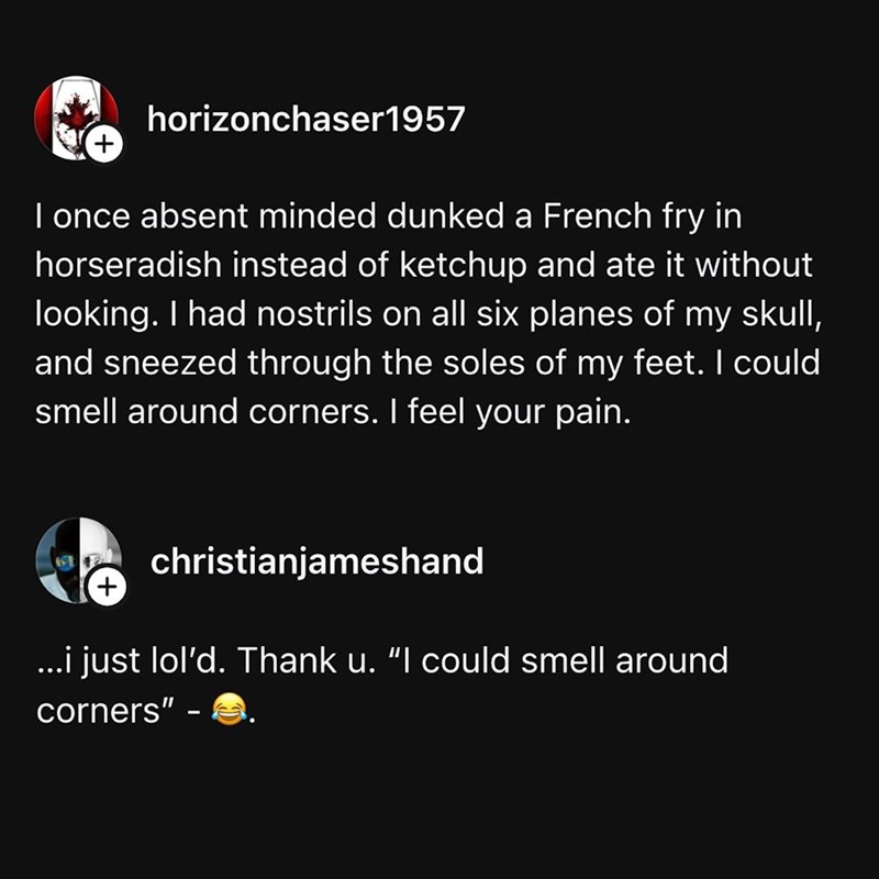 horizonchaser1957 I once absent minded dunked a French fry in horseradish instead of ketchup and ate it without looking. I had nostrils on all six planes of my skull, and sneezed through the soles of my feet. I could smell around corners. I feel your pain. christianjameshand ...i just lol'd. Thank u. "I could smell around corners"