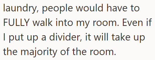 laundry, people would have to FULLY walk into my room. Even if I put up a divider, it will take up the majority of the room.