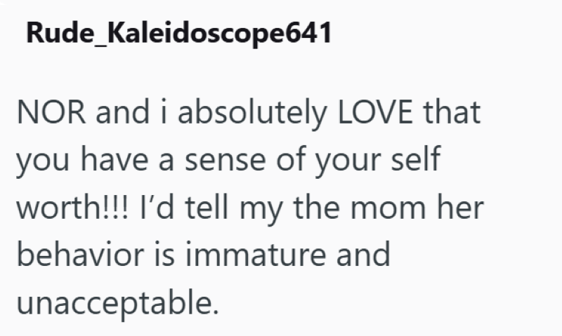 Rude_Kaleidoscope641 NOR and i absolutely LOVE that you have a sense of your self worth!!! I'd tell my the mom her behavior is immature and unacceptable.