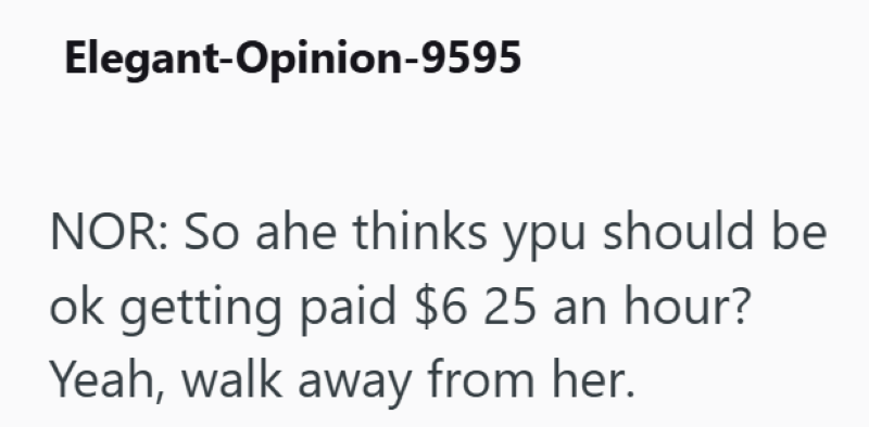 Elegant-Opinion-9595 NOR: So ahe thinks ypu should be ok getting paid $6 25 an hour? Yeah, walk away from her.
