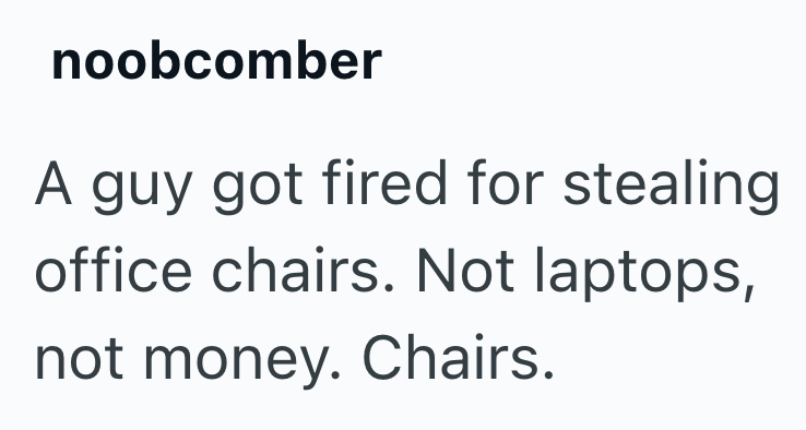 noobcomber A guy got fired for stealing office chairs. Not laptops, not money. Chairs.