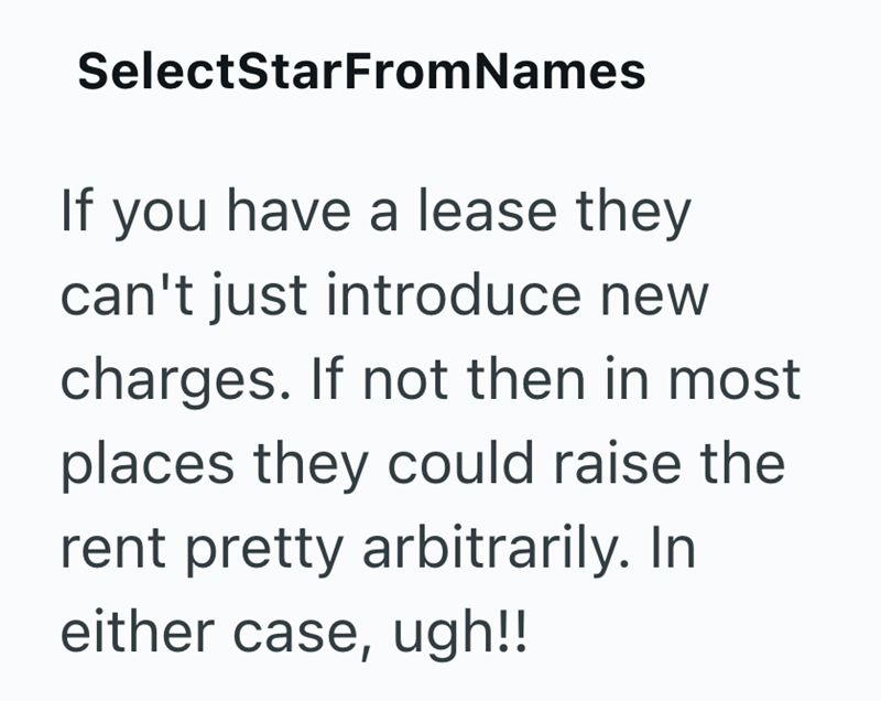 SelectStarFromNames If you have a lease they can't just introduce new charges. If not then in most places they could raise the rent pretty arbitrarily. In either case, ugh!!
