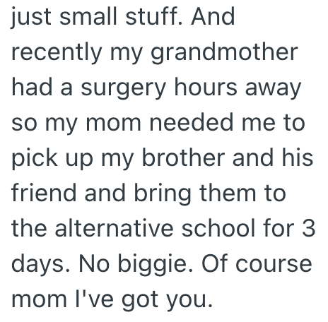 just small stuff. And recently my grandmother had a surgery hours away so my mom needed me to pick up my brother and his friend and bring them to the alternative school for 3 days. No biggie. Of course Imom I've got you.
