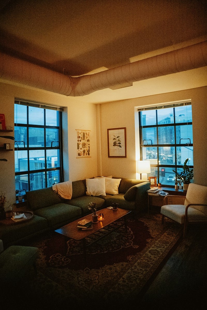 A small, cozy living room showing limited space to host a home water birth.