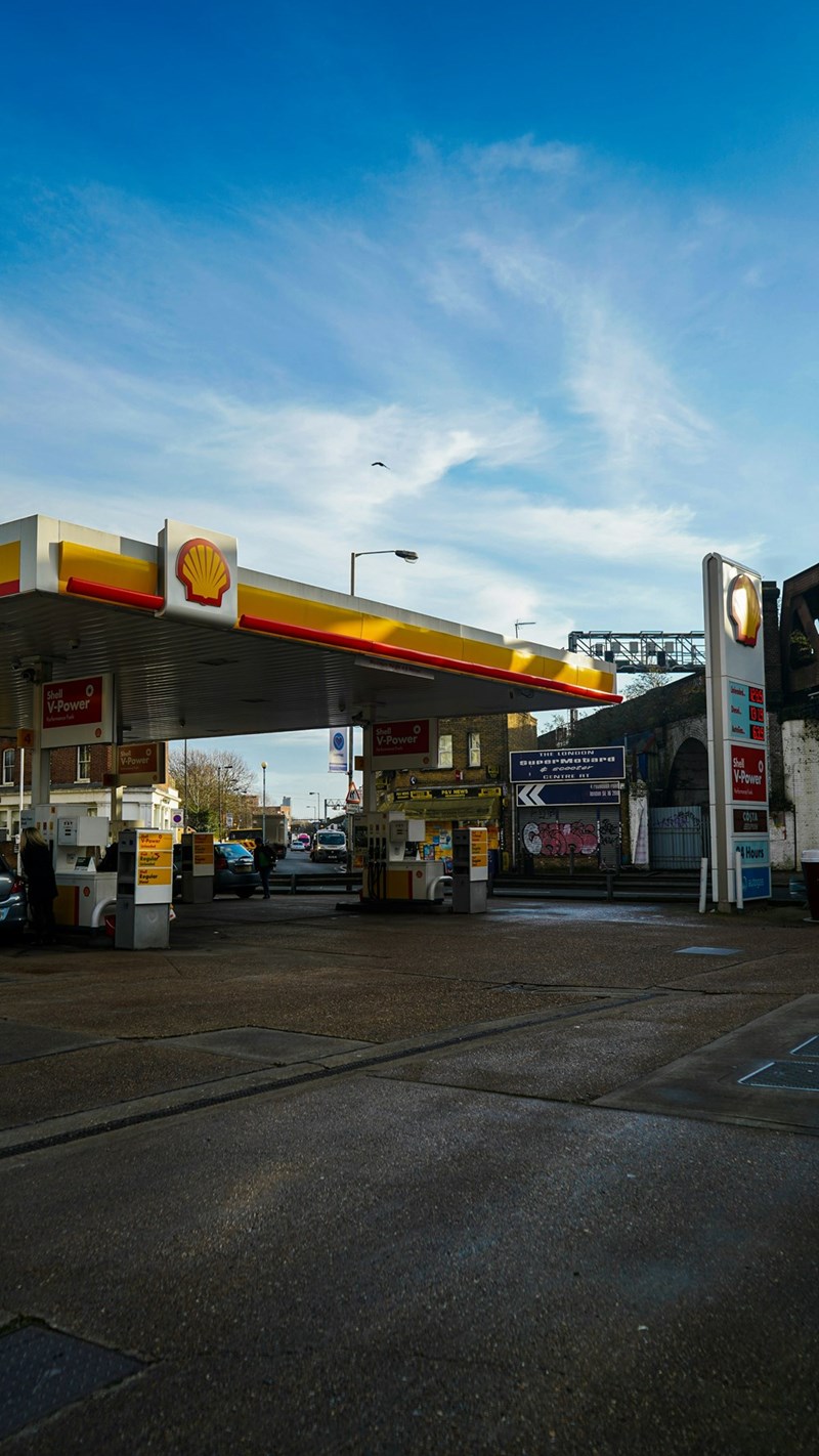 Shell gas station with a blue sky in the background