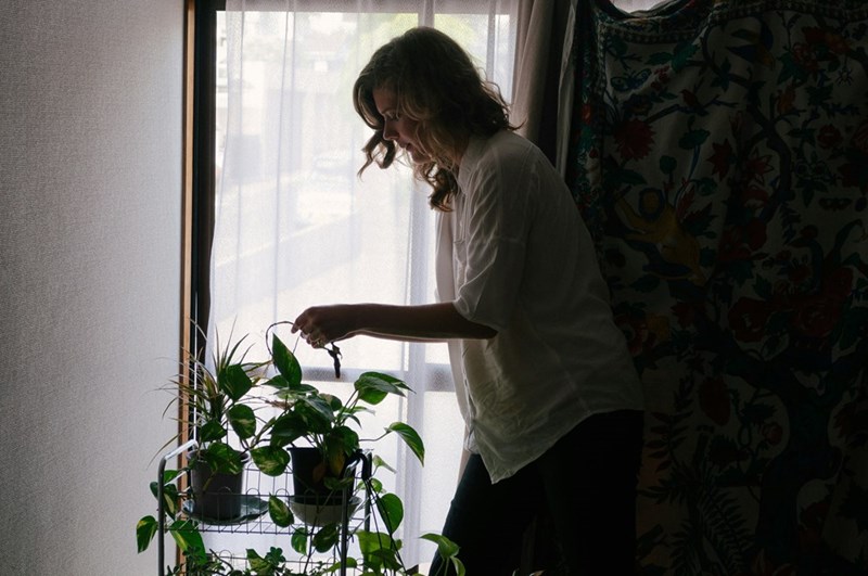 A woman tends to her houseplants