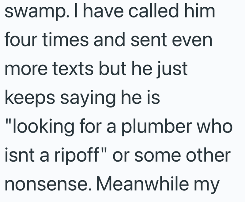 swamp. I have called him four times and sent even more texts but he just keeps saying he is "looking for a plumber who isnt a ripoff" or some other nonsense. Meanwhile my