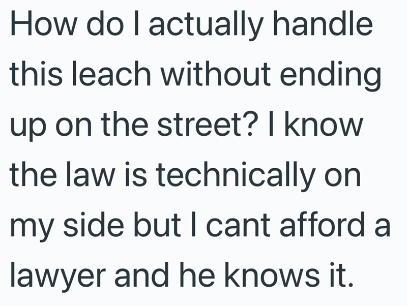 How do I actually handle this leach without ending up on the street? I know the law is technically on my side but I cant afford a lawyer and he knows it.
