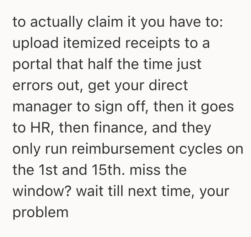 to actually claim it you have to: upload itemized receipts to a portal that half the time just errors out, get your direct manager to sign off, then it goes to HR, then finance, and they only run reimbursement cycles on the 1st and 15th. miss the window? wait till next time, your problem