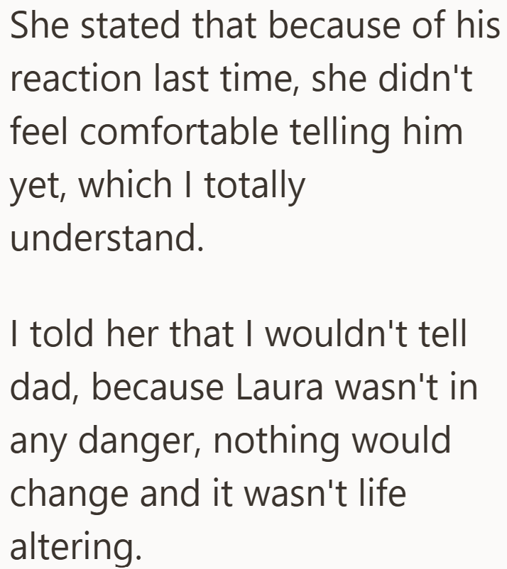 She stated that because of his reaction last time, she didn't feel comfortable telling him yet, which I totally understand. I told her that I wouldn't tell dad, because Laura wasn't in any danger, nothing would change and it wasn't life altering.