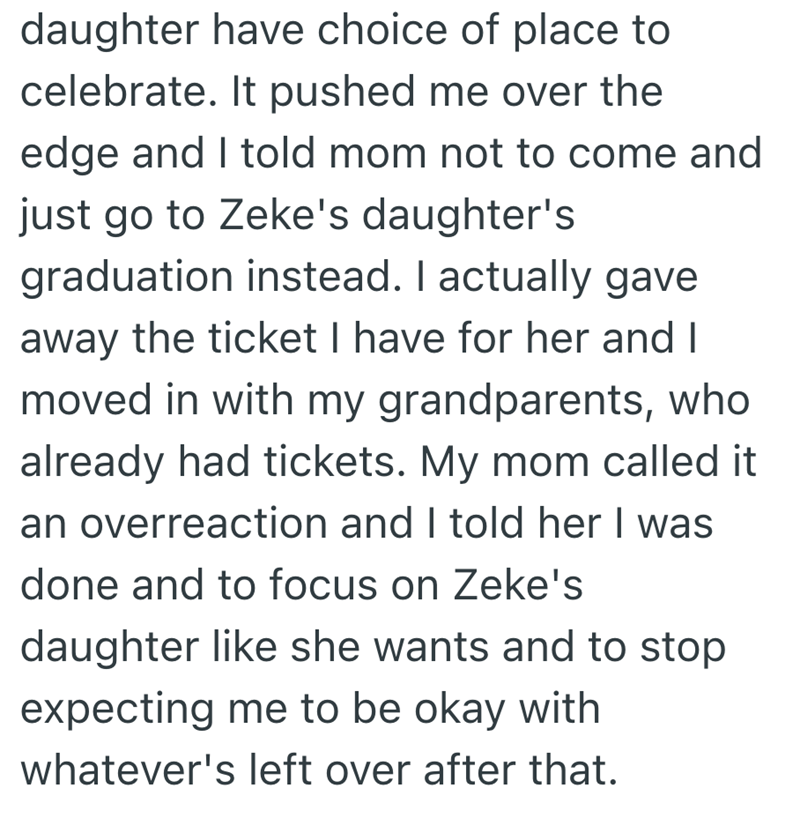 daughter have choice of place to celebrate. It pushed me over the edge and I told mom not to come and just go to Zeke's daughter's graduation instead. I actually gave away the ticket I have for her and I moved in with my grandparents, who already had tickets. My mom called it an overreaction and I told her I was done and to focus on Zeke's daughter like she wants and to stop expecting me to be okay with whatever's left over after that.