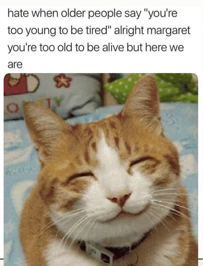 hate when older people say "you're too young to be tired" alright margaret you're too old to be alive but here we are