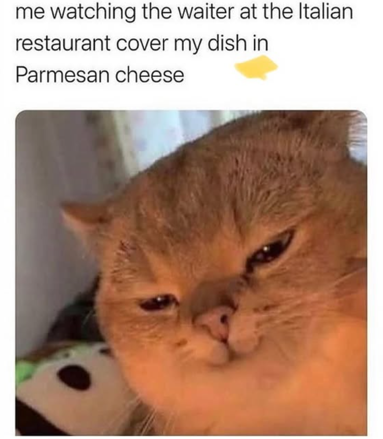 me watching the waiter at the Italian restaurant cover my dish in Parmesan cheese