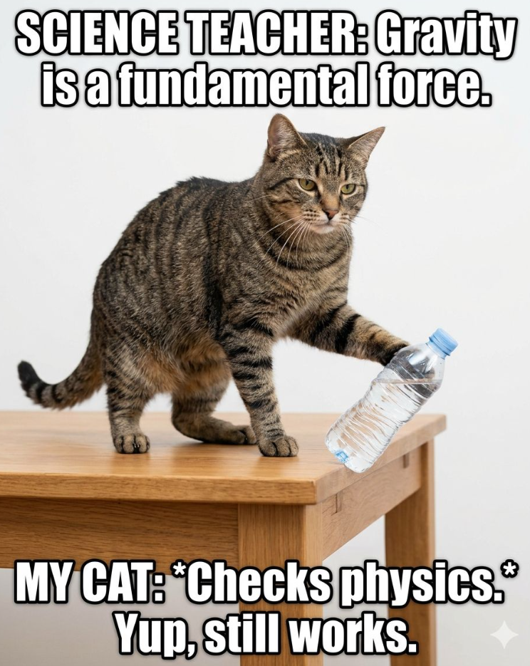 SCIENCE TEACHER: Gravity is a fundamental force. MY CAT: Checks physics. Yup, still works.