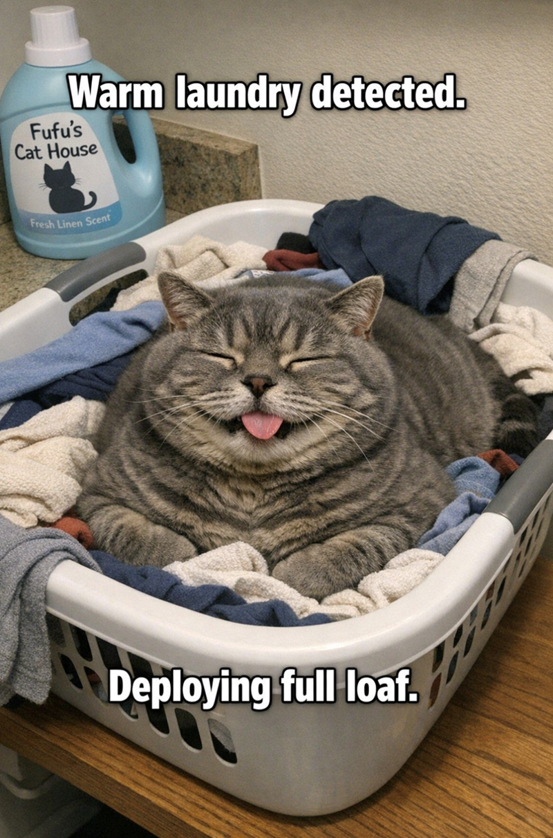 Warm laundry detected. Fufu's Cat House Fresh Linen Scent Deploying full loaf.