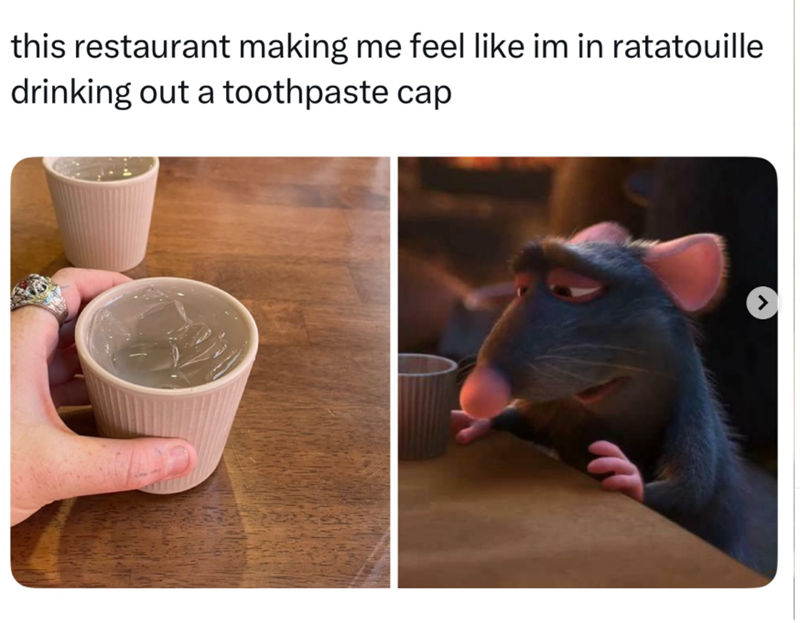 this restaurant making me feel like im in ratatouille drinking out a toothpaste cap