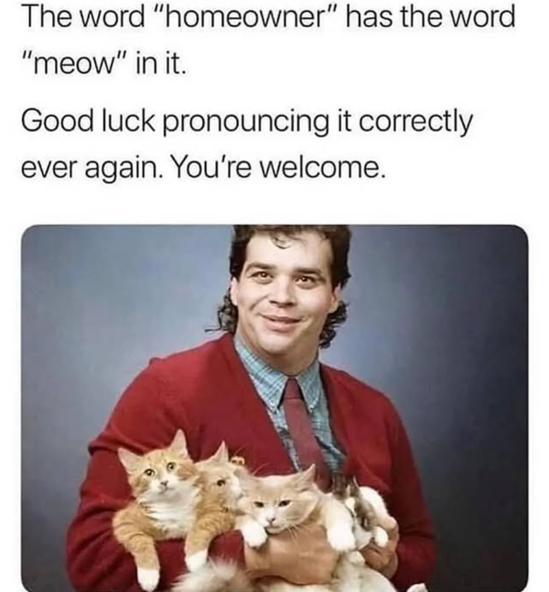 The word "homeowner" has the word "meow" in it. Good luck pronouncing it correctly ever again. You're welcome.