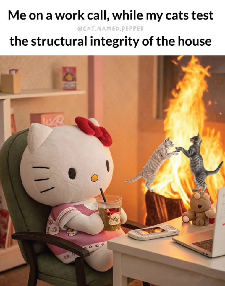 Me on a work call, while my cats test @CAT.NAMED.PEPPER the structural integrity of the house 容 ww