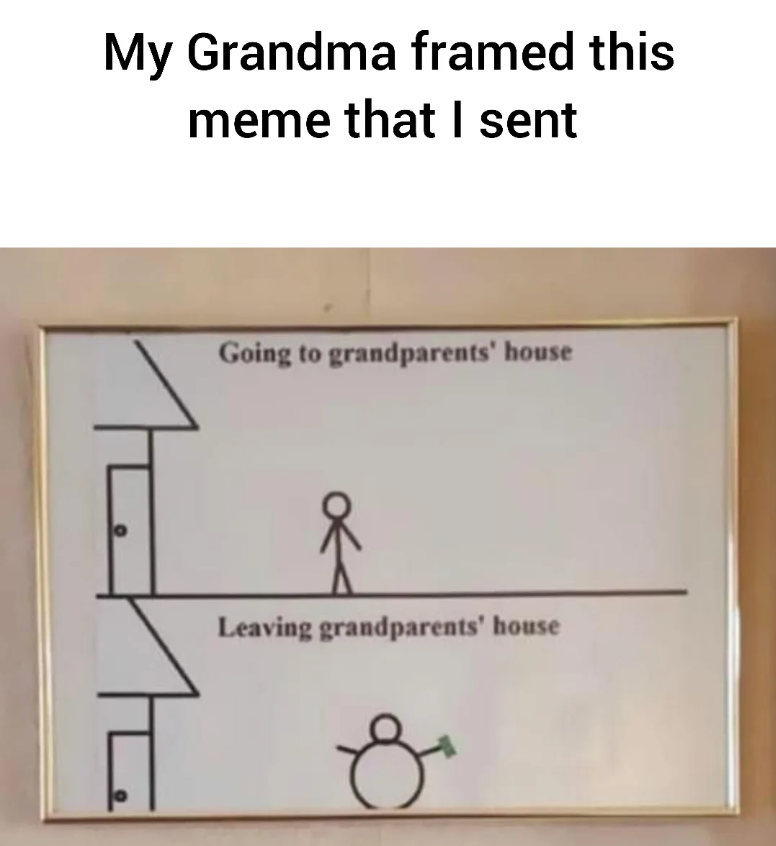 P My Grandma framed this meme that I sent Going to grandparents' house Leaving grandparents' house &